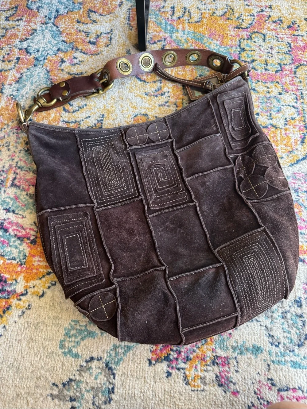 Coach Brown Suede Tote with Leather ID Tag - Picture 2 of 9